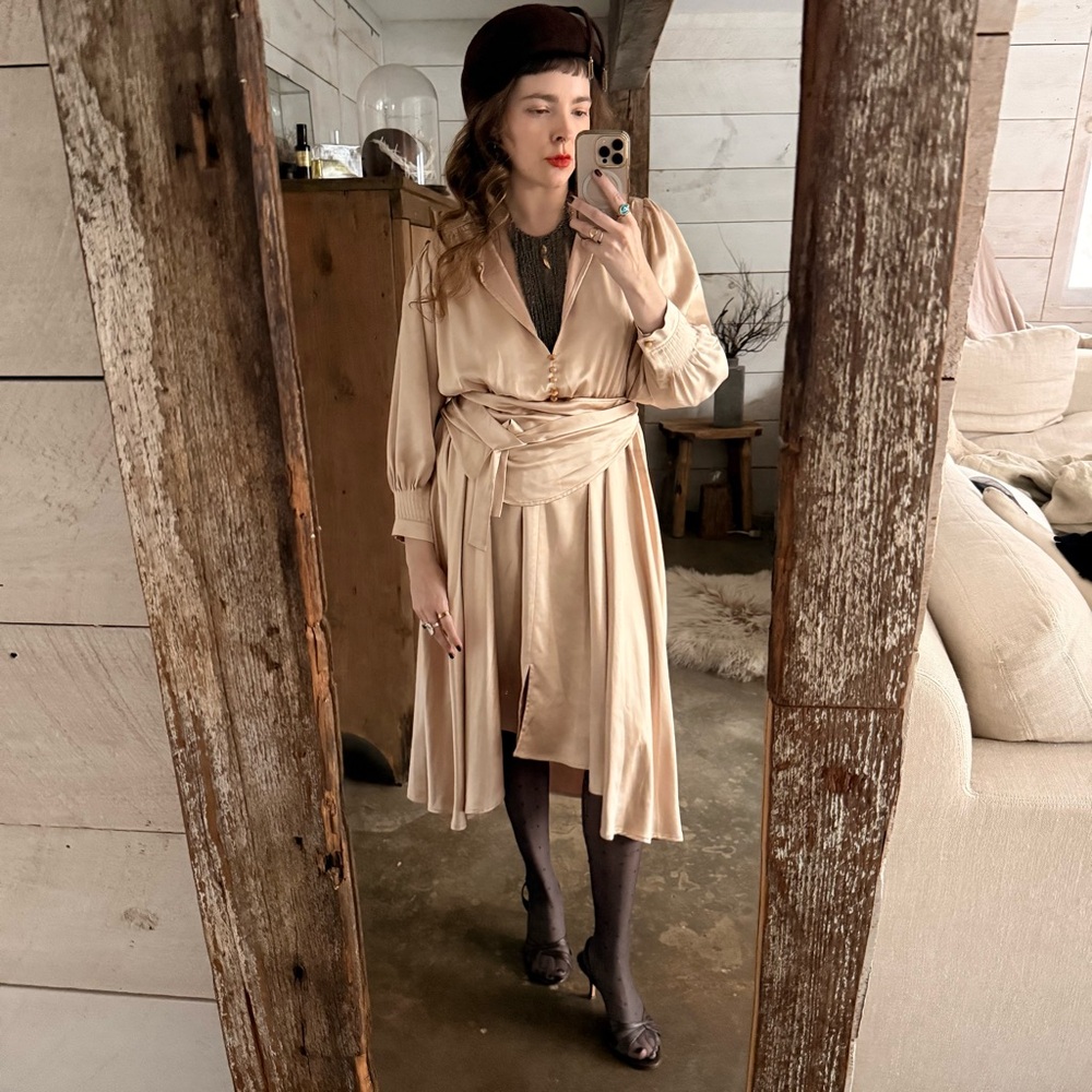 Blush pink silky long sleeve midi dress bohemian Boho-Chic revival boho ruffle
